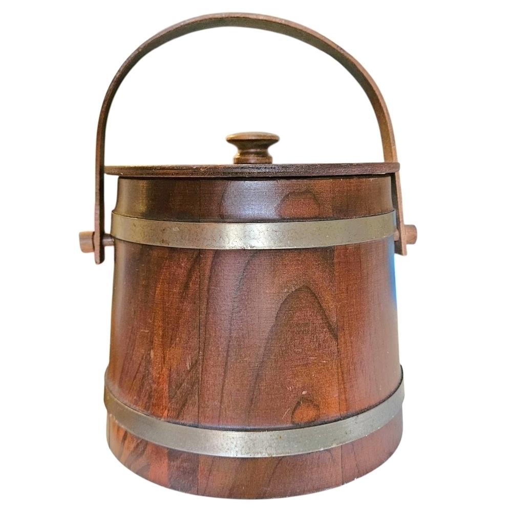 VTG Baskettville Putney VT Firkin Wood Ice Bucket Barrel Style Lid Liner Handle